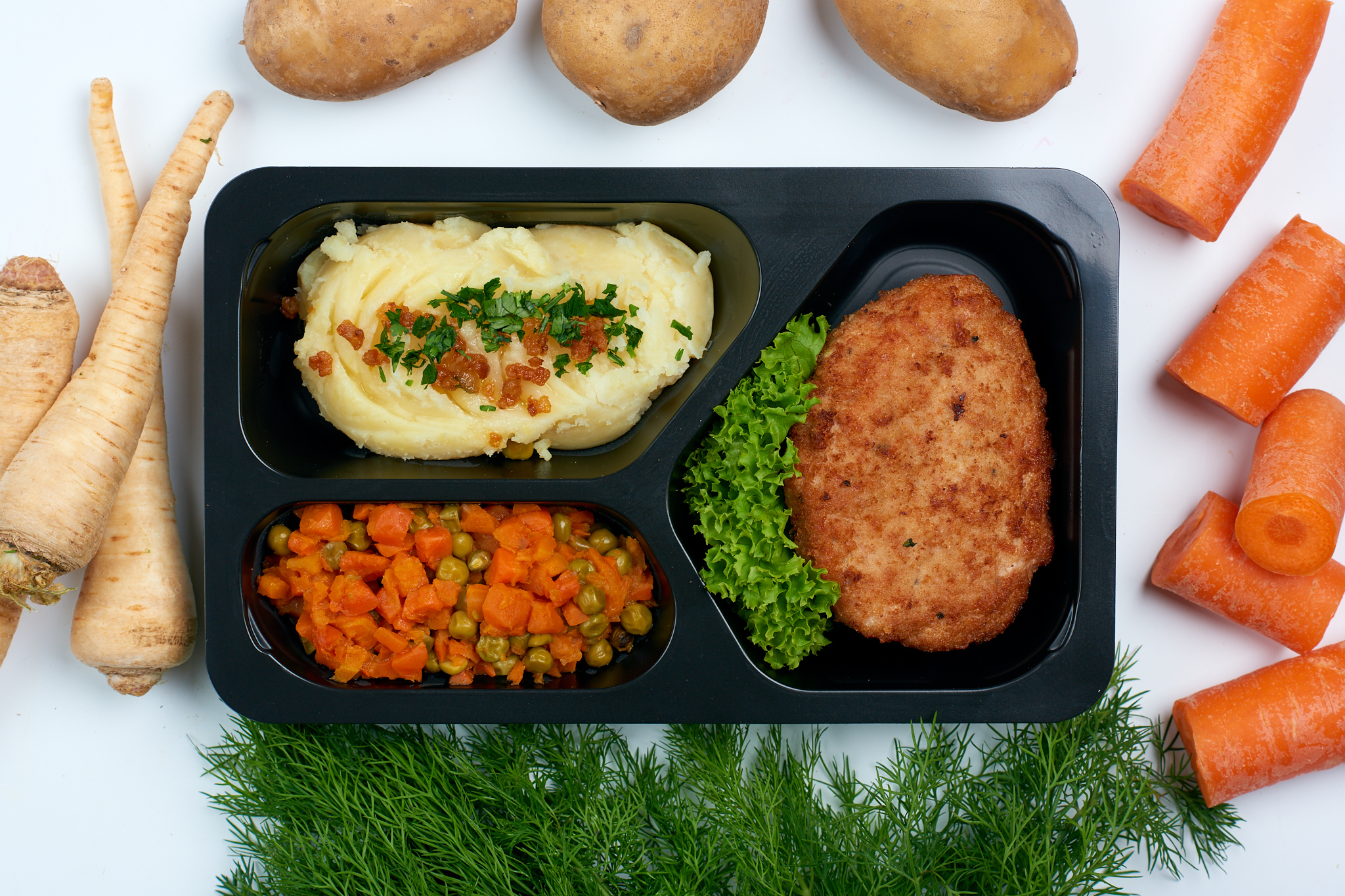 Kotlet mielony, ziemniaki, marchewka z groszkiem